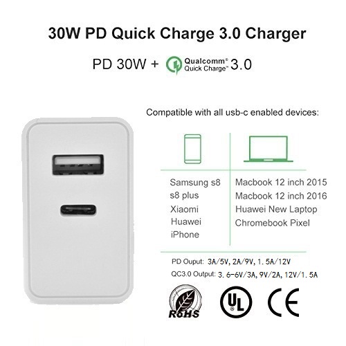 30w 2 पोर्ट PD फास्ट वॉल चार्जर प्लग प्रकार C पॉवर अडॅप्टर USB C सुपर फास्ट चार्जर 0