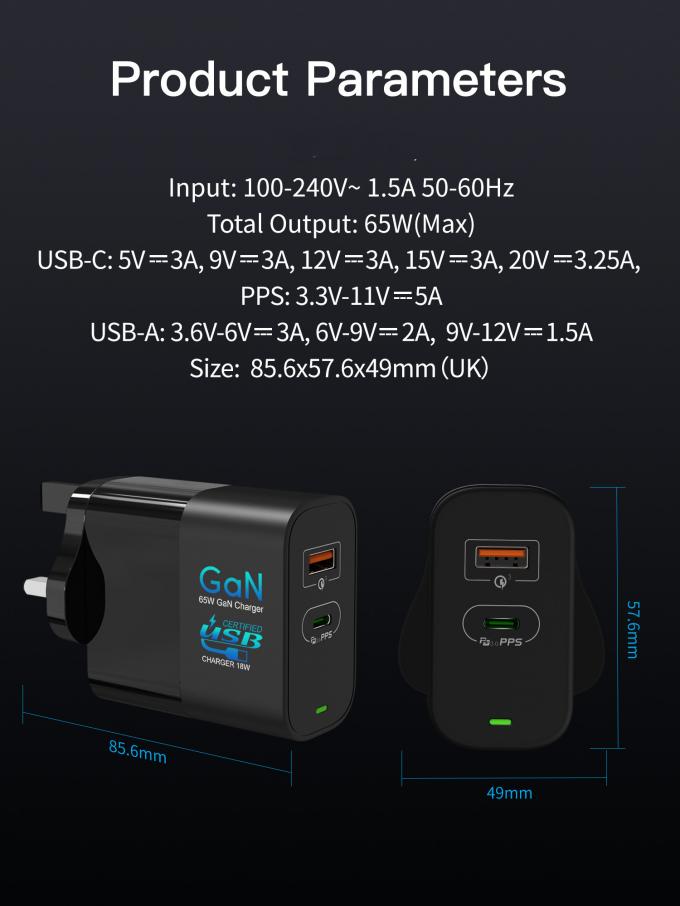 GaN 65 Вт PD Багатопортовий USB C Швидкий зарядний пристрій Настінний зарядний пристрій для ноутбука 0