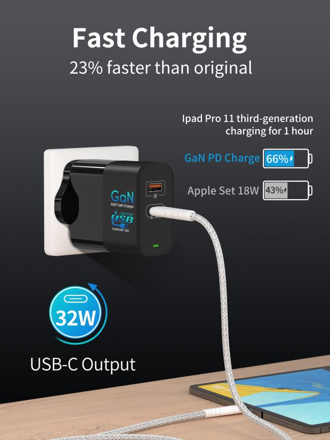 GaN 65W PD multiporta USB C carregador rápido portátil carregador de parede com entrega de energia 1