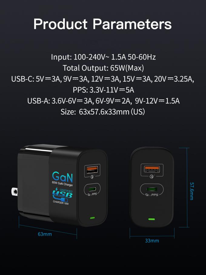 65w Gan Fast Wall Charger USB C PD Charger Kanthi Colokan Internasional 4