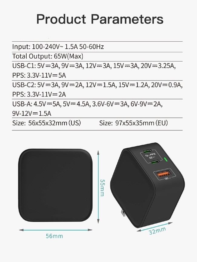 65w Gan Charger Type C PD Adapter With QC 4.0 3.0 Foldable US Plug 0