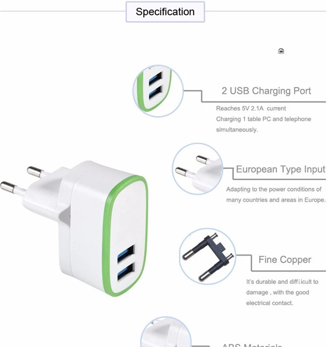 Dual USB Fast Charging Wall Adapter 2.1Amp USB Charger Power Adapter 1