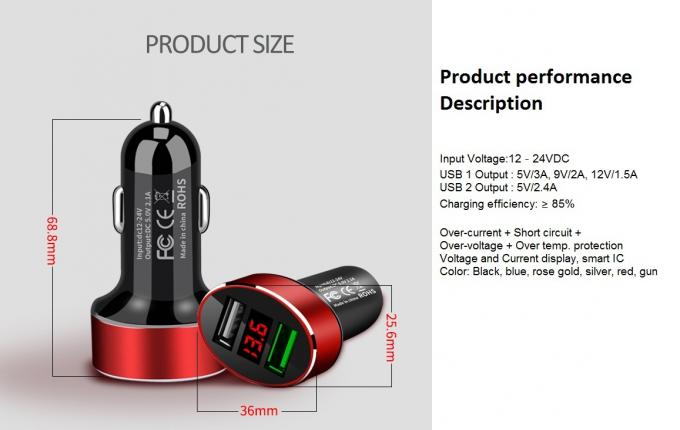 ODM Dual USB Fast Car Phone Charger 30W High Speed DC To DC Car Charger With LED Display 0