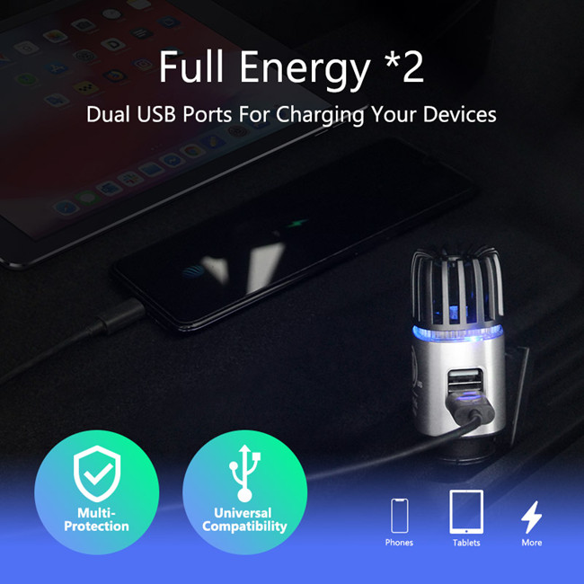 Fast Charge 2 USB Aluminum Air Purifier Car Charger 12W DC 5V 0