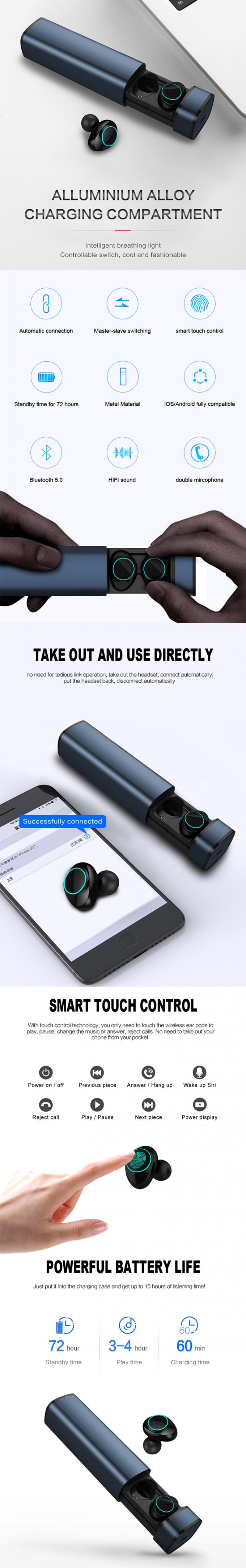 Ergonomic 500mAH Bluetooth Wireless Stereo Earbuds With Cylinder Charging Base 0